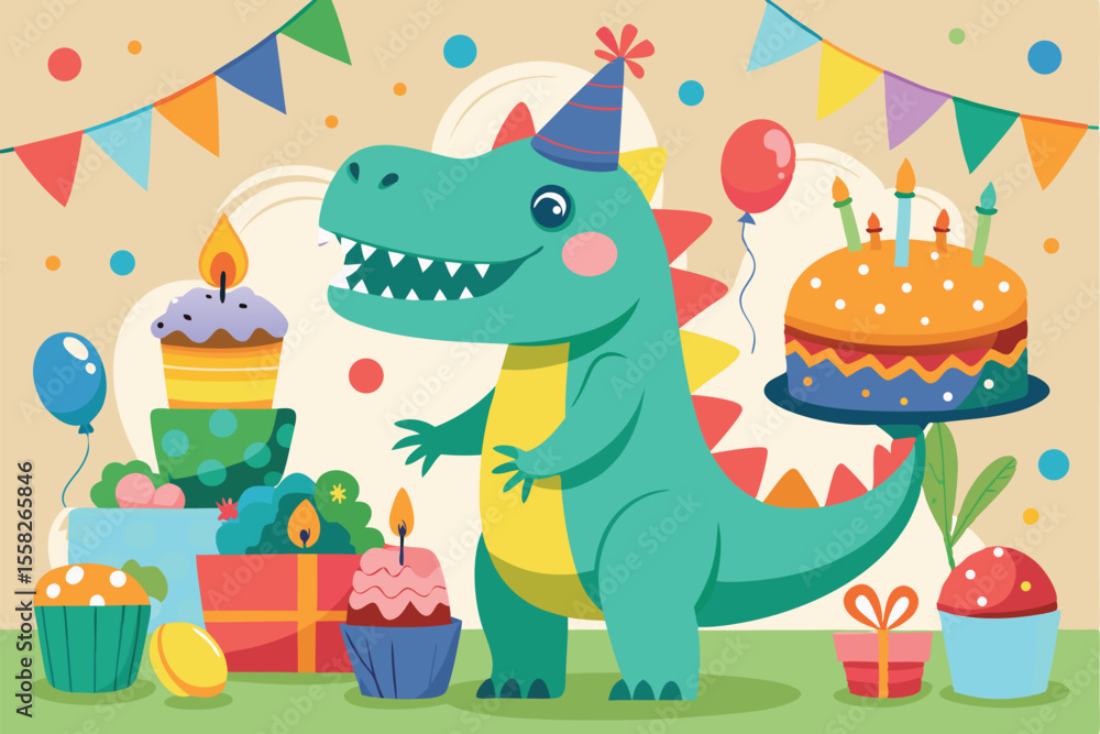 Obraz premium Funny dinosaurs celebrate at a colorful birthday party with hand-drawn Tyrannosaurus Rex surrounded by cakes, gifts, and balloons