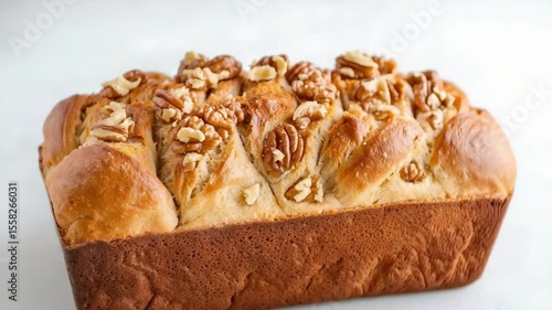 A freshly baked loaf of bread topped with walnuts, featuring a golden brown crust and a soft, fluffy interior.