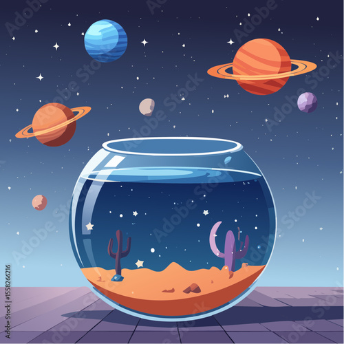 A fishbowl turned upside down to reveal an outer space scene – the unexpected perspective.
