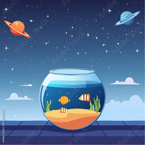 A fishbowl turned upside down to reveal an outer space scene – the unexpected perspective.
