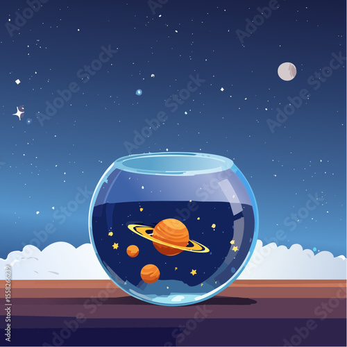A fishbowl turned upside down to reveal an outer space scene – the unexpected perspective.

