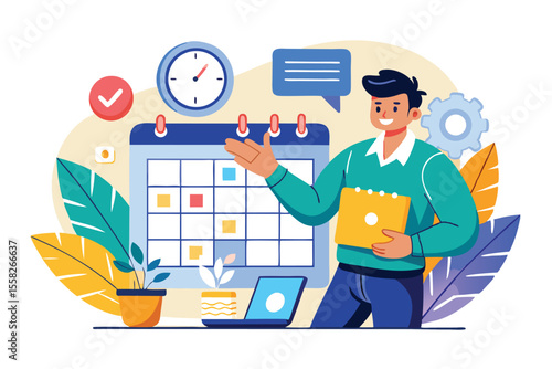 Office worker planning schedules and organizing tasks while interacting with a visual calendar and digital devices for effective time management
