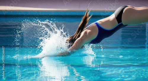 Young woman diving into the swimming pool with splash of water.