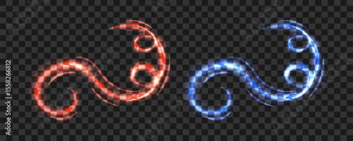 Hot and cold air flow with directional arrows on a transparent background. Light effects, ideal for visualizing the operation of air coolers and climate control equipment