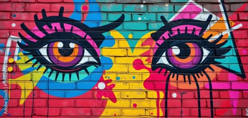 Vibrant graffiti eyes & abstract shapes on textured brick wall,  contemporary,  artwork