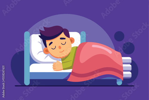Vector illustration featuring a man peacefully sleeping in bed under a pink blanket within a cozy setting at night