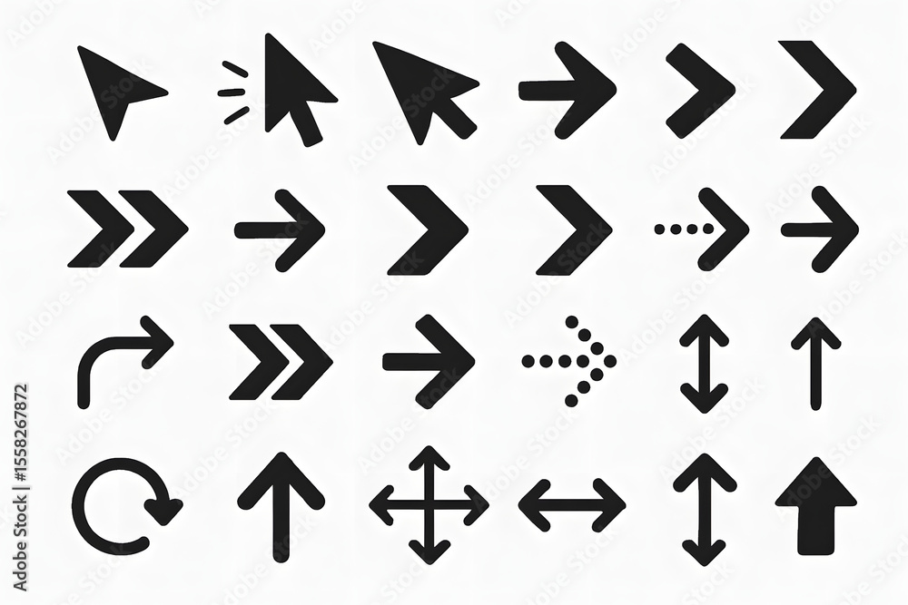 Arrows and Cursors Set: A diverse set of arrow and cursor symbols, perfectly suited for use in graphic design, web design, or any project requiring directional or interactive visual elements. Arrows and Cursors Set: A diverse set of arrow and cursor symbols, perfectly suited for use in graphic design, web design, or any project requiring directional or interactive visual elements.