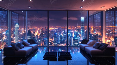 Sleek, modern penthouse with city views at night