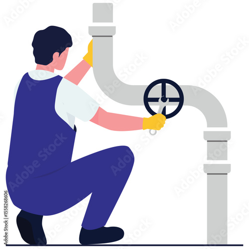 Repair Workers Illustration. Vector illustration of Plumber adjusting a large valve on an industrial pipeline. Isolated on background