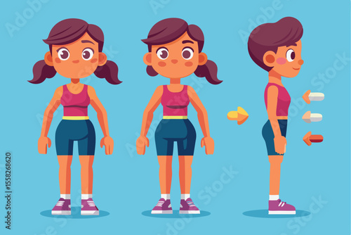 Fitness active girl character in sports clothes showcasing different angles during workout routine