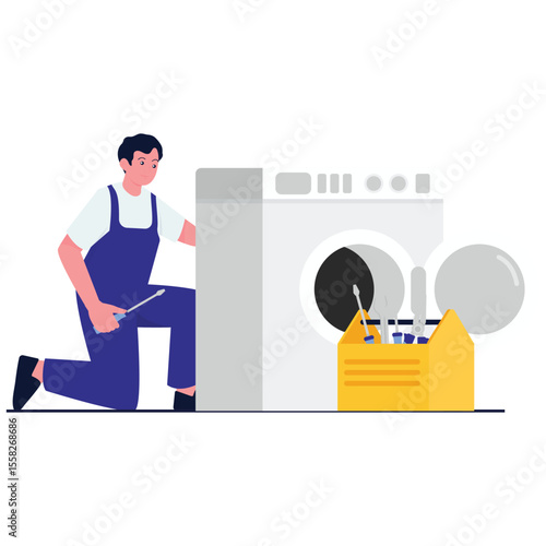 Repair Workers Illustration. Vector illustration of A repairman works on a washing machine with a toolbox beside him. Isolated on background