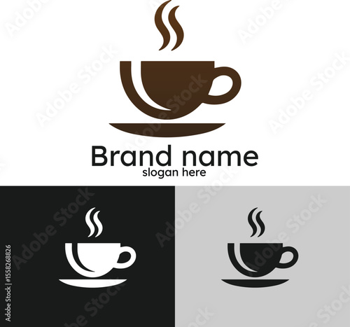 Modern coffee cup logo with steam and text placeholders for brand name and slogan