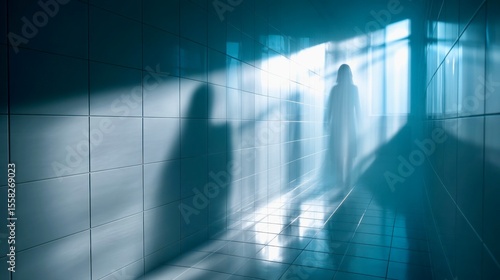 Wallpaper Mural Mysterious silhouette of a person in a bright tiled hallway filled with fog and dramatic light, evoking themes of suspense, fear, and the unknown. Torontodigital.ca