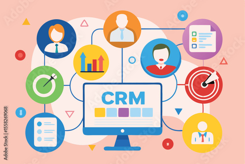 Visualization of customer relationship management activities and elements with a computer at an office setting
