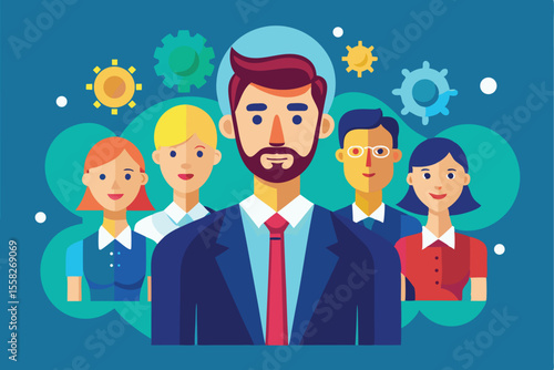 Business team collaboration vector illustration depicting a leader and diverse professionals in a creative environment focusing on teamwork and innovation