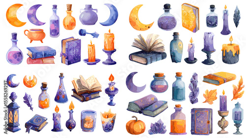 Whimsical watercolor illustrations of magical items including candles, potions, books, moons, and crystals—ideal for witchy themes, fantasy content, and mystical designs.

