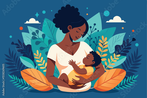 Black woman breastfeeding baby surrounded by lush greenery in a serene natural setting during daylight hours