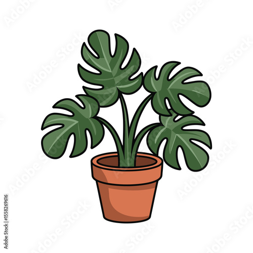 Monstera deliciosa houseplant in a terracotta pot vector illustration. Swiss cheese plant icon for home decor. Indoor gardening, urban jungle, botany, foliage, and nature concept.