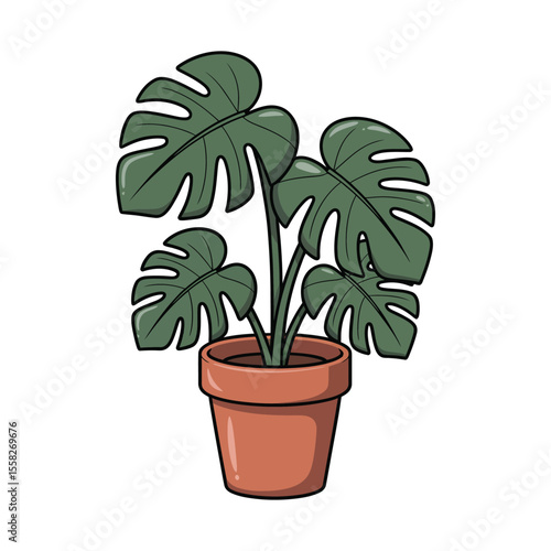 Monstera deliciosa houseplant in a terracotta pot vector illustration. Swiss cheese plant icon for home decor. Indoor gardening, urban jungle, botany, foliage, and nature concept.