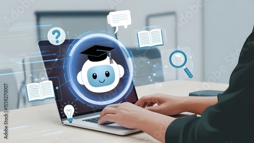 Artificial Intelligence Education Assistant Robot With Graduation Cap Helping Online Learning On Laptop With Digital Graphics

