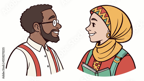 Illustration of a man with glasses and a woman in a hijab looking at each other and smiling nicely