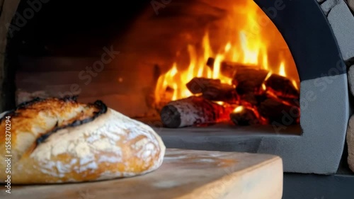 A freshly baked loaf of bread on a wooden surface, with an oven and flames in the background.