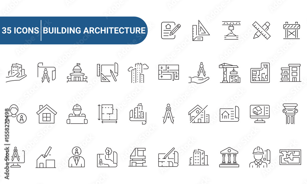 Fototapeta premium Set of outline icons related to building, architecture, house, design. Linear icon collection. Editable stroke. Vector illustration