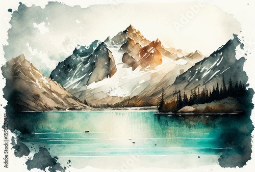 Mountain lake watercolor vector illustration, scenic nature landscape on white background. Adventure and travel mood art for cards and package design