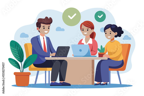 Business job interview concept with two interviewers engaging a candidate at a modern office setting