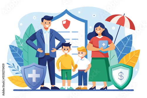 Family members standing outdoors with insurance symbols, representing life insurance benefits and security for loved ones