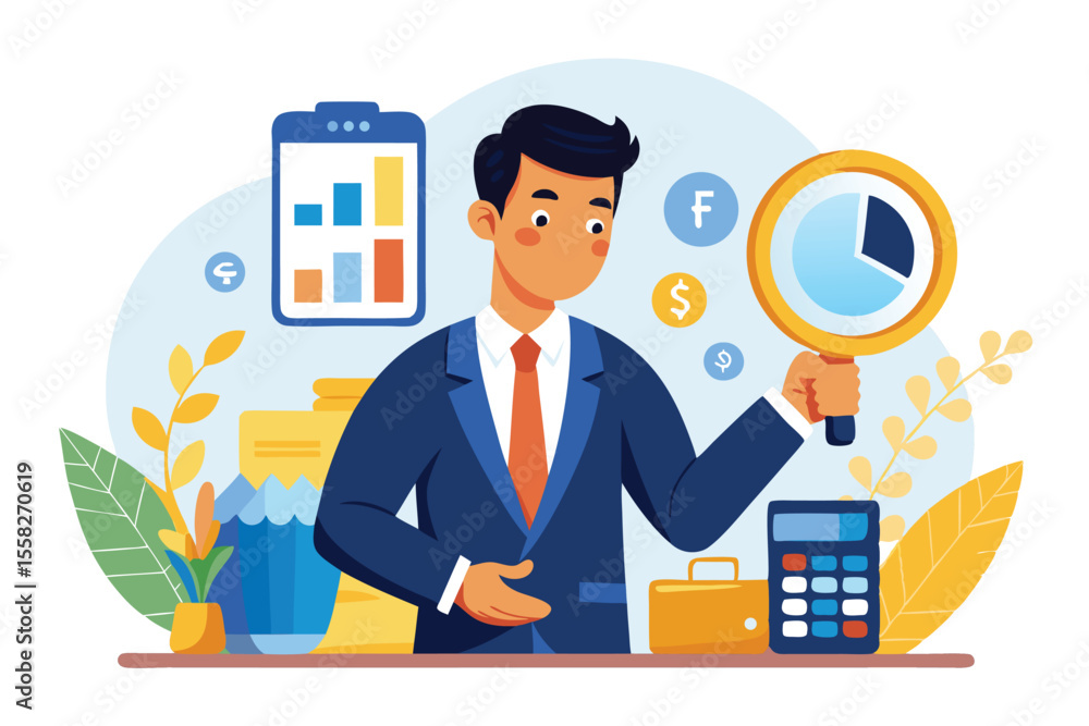 Businessman examines financial data using a magnifying glass while surrounded by office tools and charts in a modern workspace Businessman examines financial data using a magnifying glass while surrounded by office tools and charts in a modern workspace