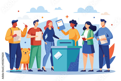 Voters participate in election campaign, engaging in discussion and providing support at polling location during voting day