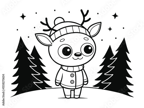 Christmas coloring page, cartoon reindeer
