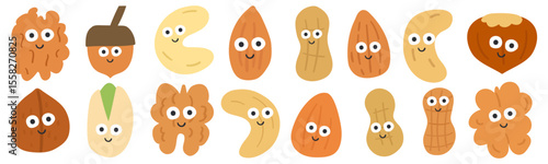Smiling nuts. Cute funny characters. Peanut, walnut, hazelnut, almond, cashew. Flat hand drawn design. Vector illustration on white background.