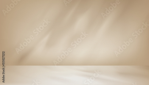 Autumn background,Brown wall room studio with shadow leaf on empty floor for product background design.Studio background with nature light on cream floor mock up for Fall season,Winter backdrop banner