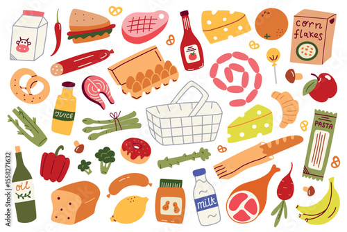 Flat cartoon vector illustration collection of groceries and supermarket food items. Doodle style set with vegetables, dairy, bakery, pantry goods and shopping basket for food packaging