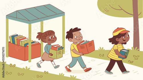 Children carrying books from a book stand on a sunny day with a tree in the background in a park scene