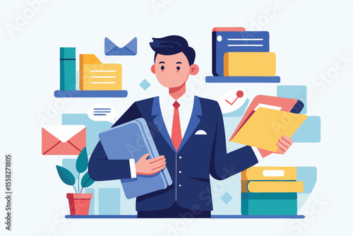 Businessman in formal attire holding a folder with documents in an office setting while surrounded by assorted office supplies and decor