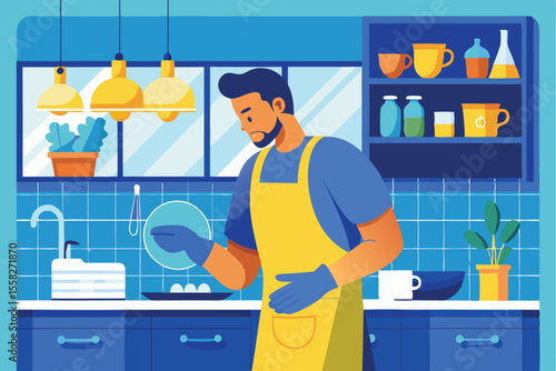Man wearing a yellow apron and blue gloves washes dishes in a bright kitchen filled with plants, colorful tableware, and natural light during the day