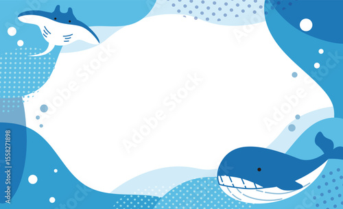 くじらとマンタの海イラストフレーム背景素材