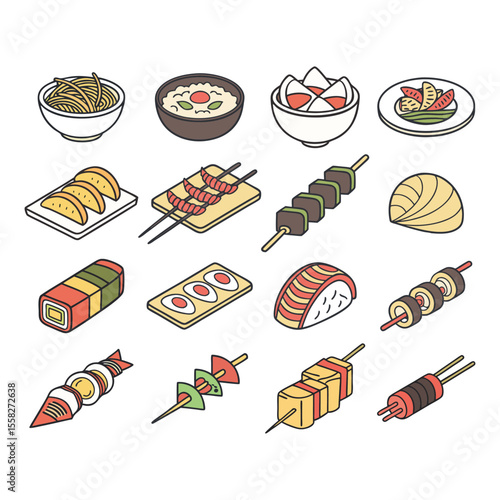 Colorful Vector Icon Set of Traditional World Foods – Global Cuisine in Flat Design.

