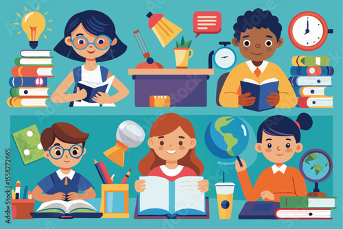 Vector illustration of school children engaged in various educational activities in a vibrant classroom environment during the daytime