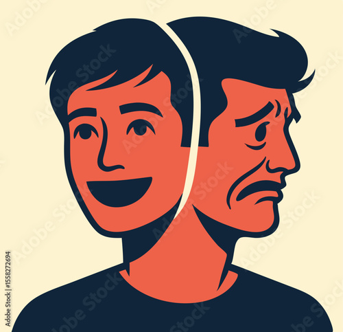 Conceptual illustration of a two-faced colleague. Business metaphor of conflicts at work, hypocrisy, and betrayal. Unhealthy relationships in the office and manipulation by superiors.