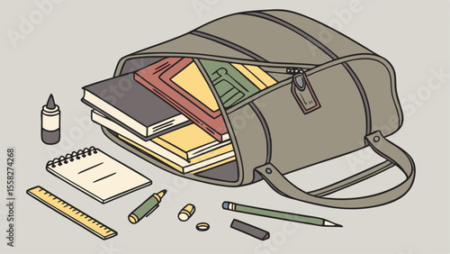 Illustration of an open duffel bag filled with books and school supplies on a light gray surface