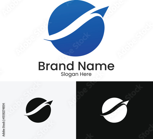 Abstract blue sphere with a swoosh and arrow representing growth and progress