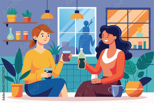 Women chatting and enjoying drinks in a cozy cafe during a relaxed afternoon with vibrant decor and friendly atmosphere