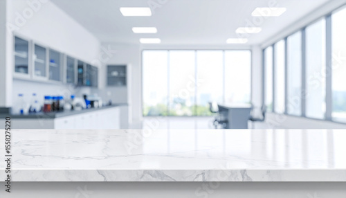 Close-up of the empty counter table with no one in the blurry lab background.