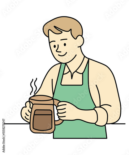  A barista holding a steaming cup of coffee, ready to serve in a cozy café environment.

