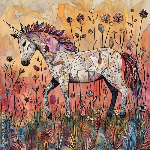 Wallpaper Mural Colorful geometric unicorn standing among vibrant flowers in a whimsical landscape Torontodigital.ca