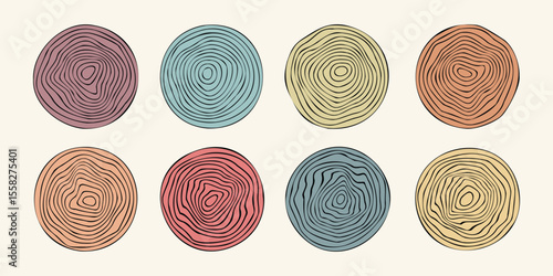Wood tree pattern texture icon, trunk with annual circle line of age pictogram, set vector design